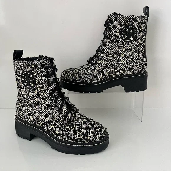 Tory Burch 50mm Tweed Lug Sole Combat Boots in Black/Multi - Picture 3 of 13